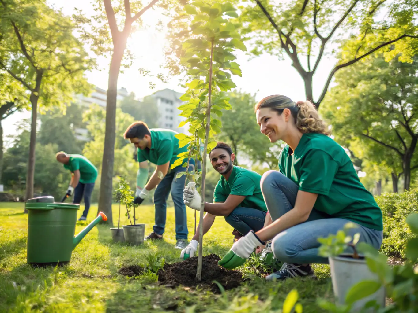 A photograph capturing a group of volunteers working together on a community project, planting trees in a local park.