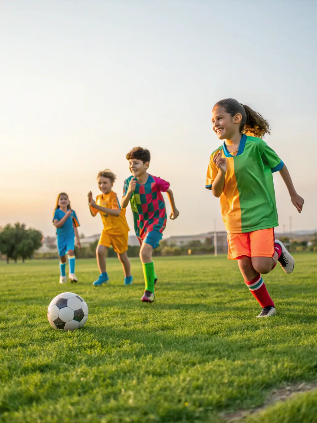 A group of children playing soccer in a park, wearing sports jerseys and smiling, representing the community sports program offered by OBJECTIF PASSION.