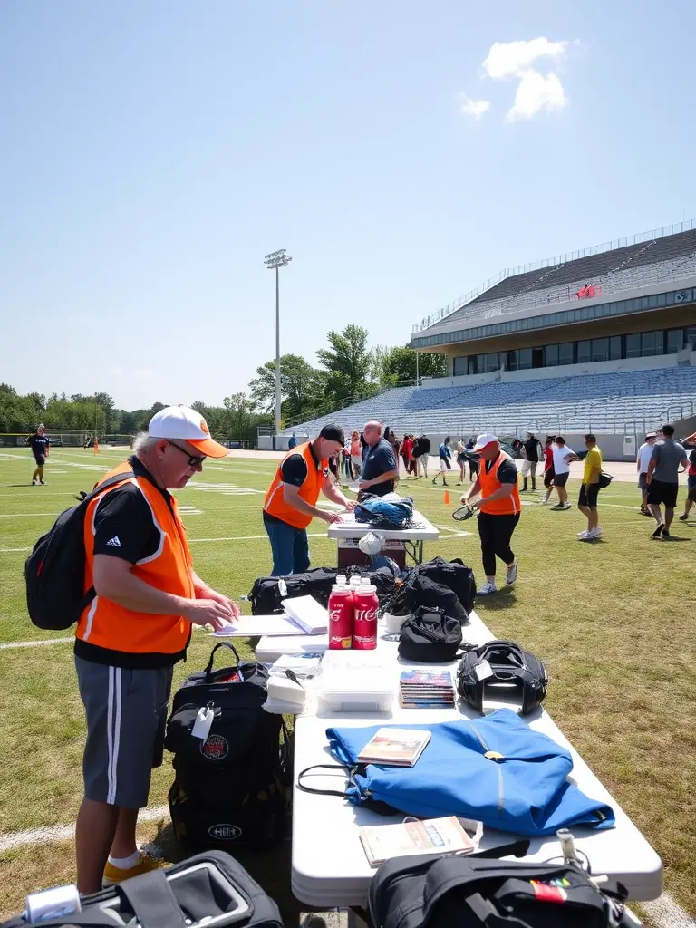 A picture of volunteers setting up equipment for a community sports day, showcasing the organization's commitment to accessible sports.