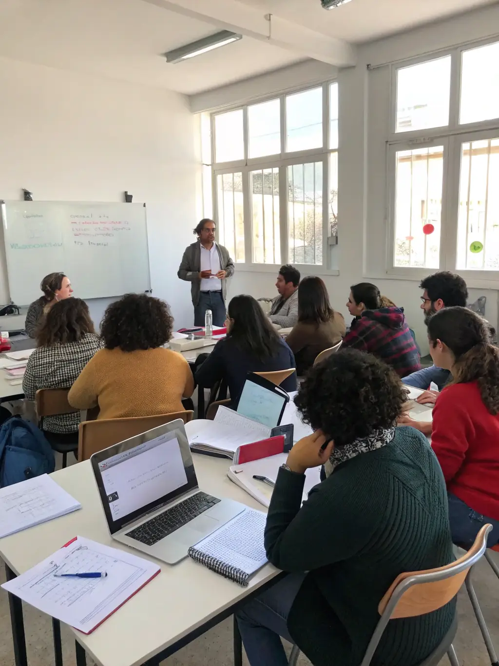 A classroom setting with participants engaged in a workshop, focused on personal growth and community awareness, facilitated by OBJECTIF PASSION.