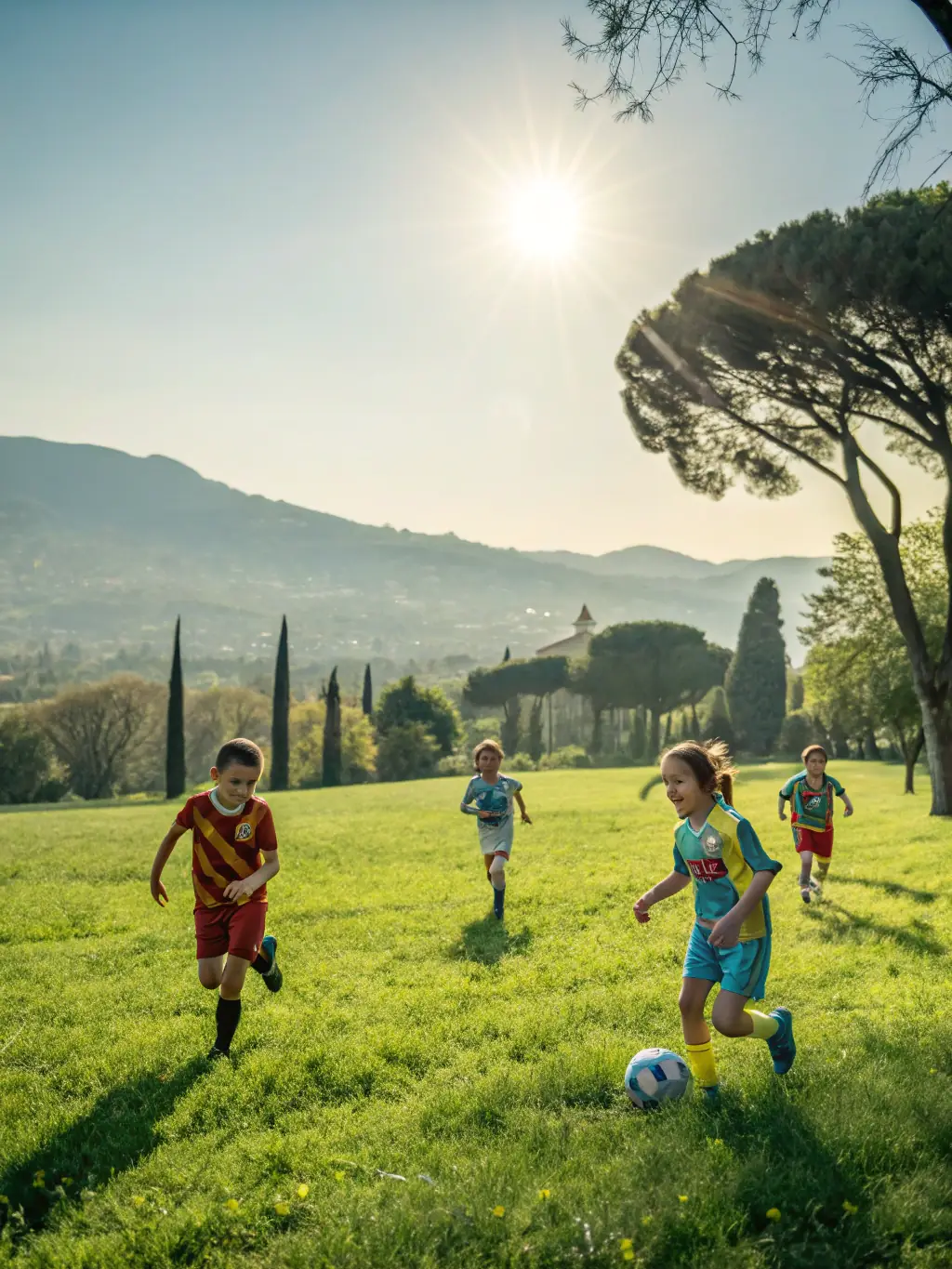 A vibrant image of children and adults engaging in a soccer match in a local park, smiling and enjoying the activity, representing the Community Sports Programs.
