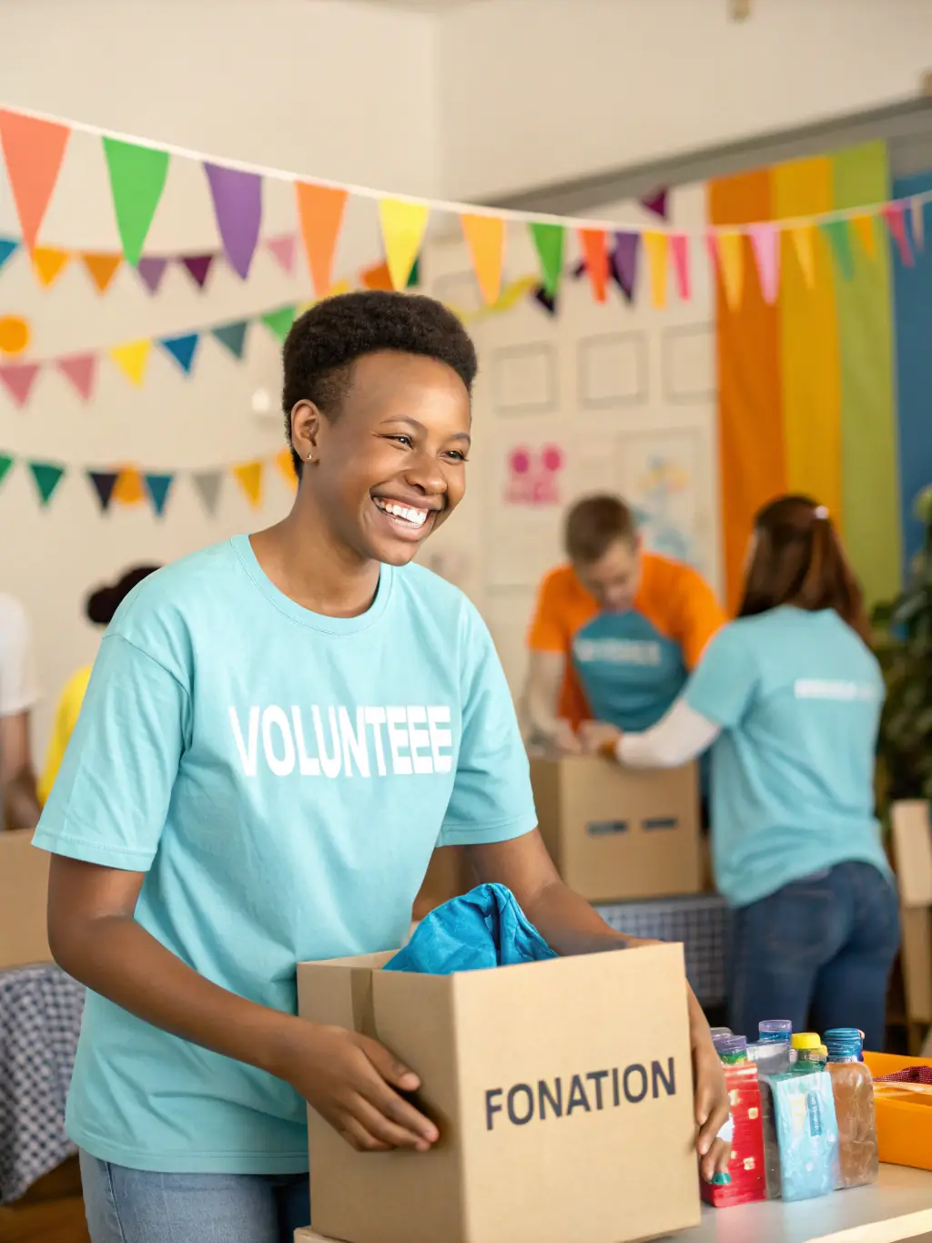 Volunteers assisting at a local charity event, demonstrating OBJECTIF PASSION's commitment to community support and engagement.
