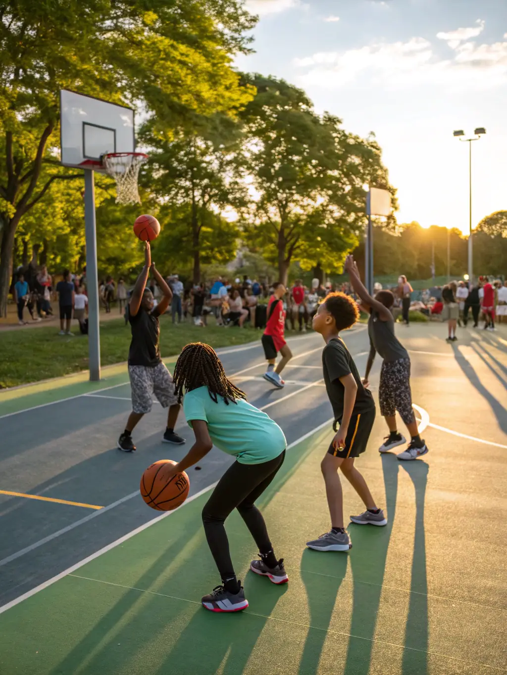 A photo of a group of teenagers participating in a basketball clinic, focusing on skill development and teamwork.